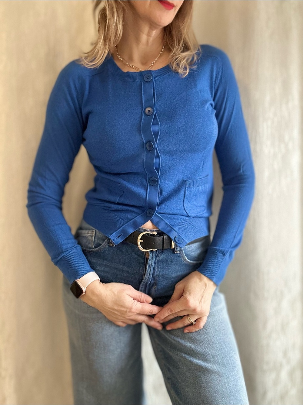 Sandro Paris Royal Blue Crewneck Button Front Cardigan with Pockets - Size S